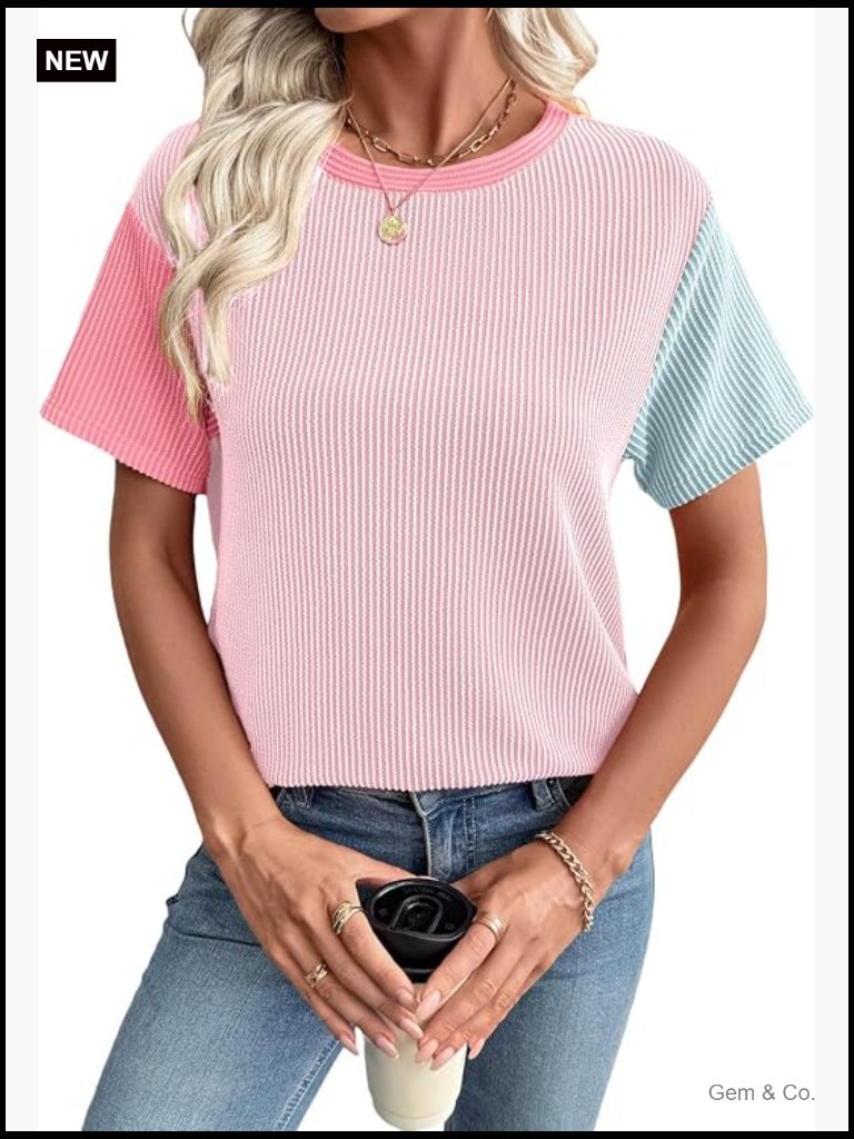 Ribbed Knit Crewneck T-Shirt, Color Block Short Sleeve Top